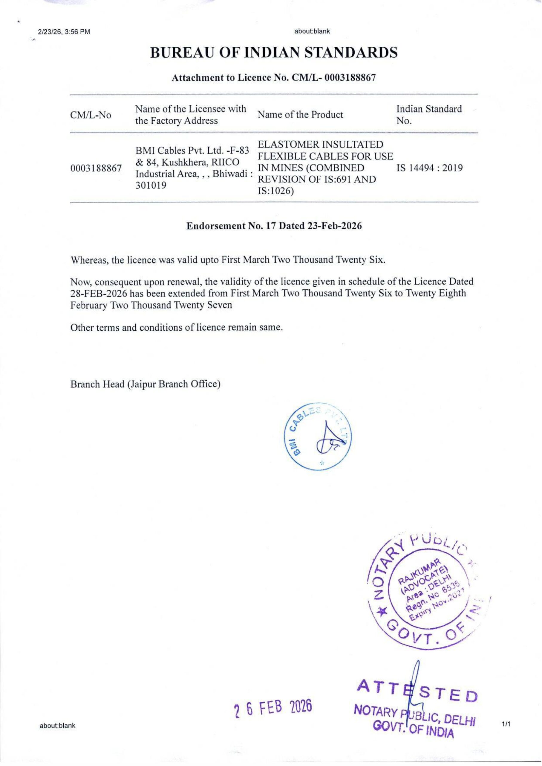 IS 14494 : 2019 Certificate For Elastomer Insulated Flexible Cable