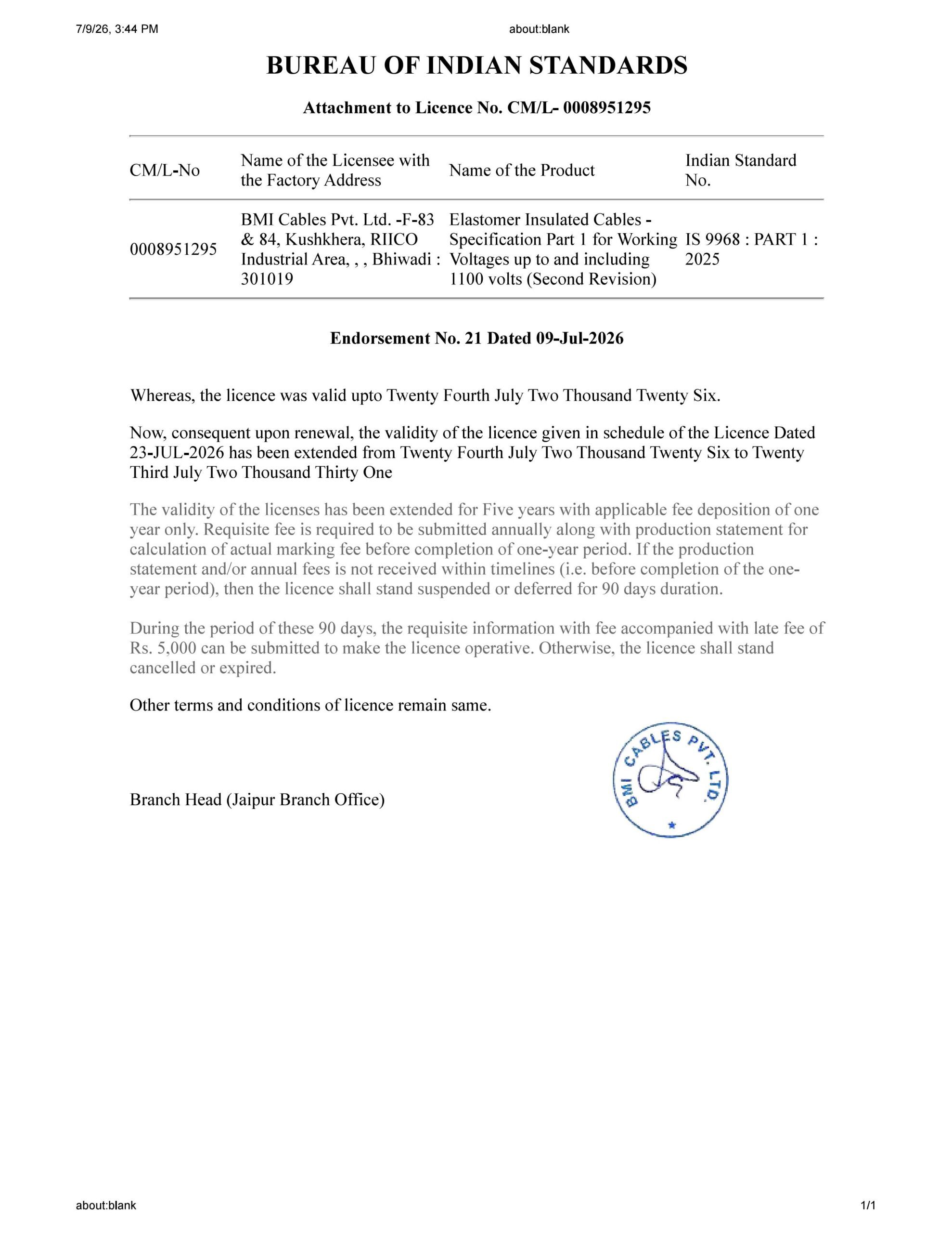IS 9968 : Part 1 : 2025 Certificate For Insulated Cables Elastomer