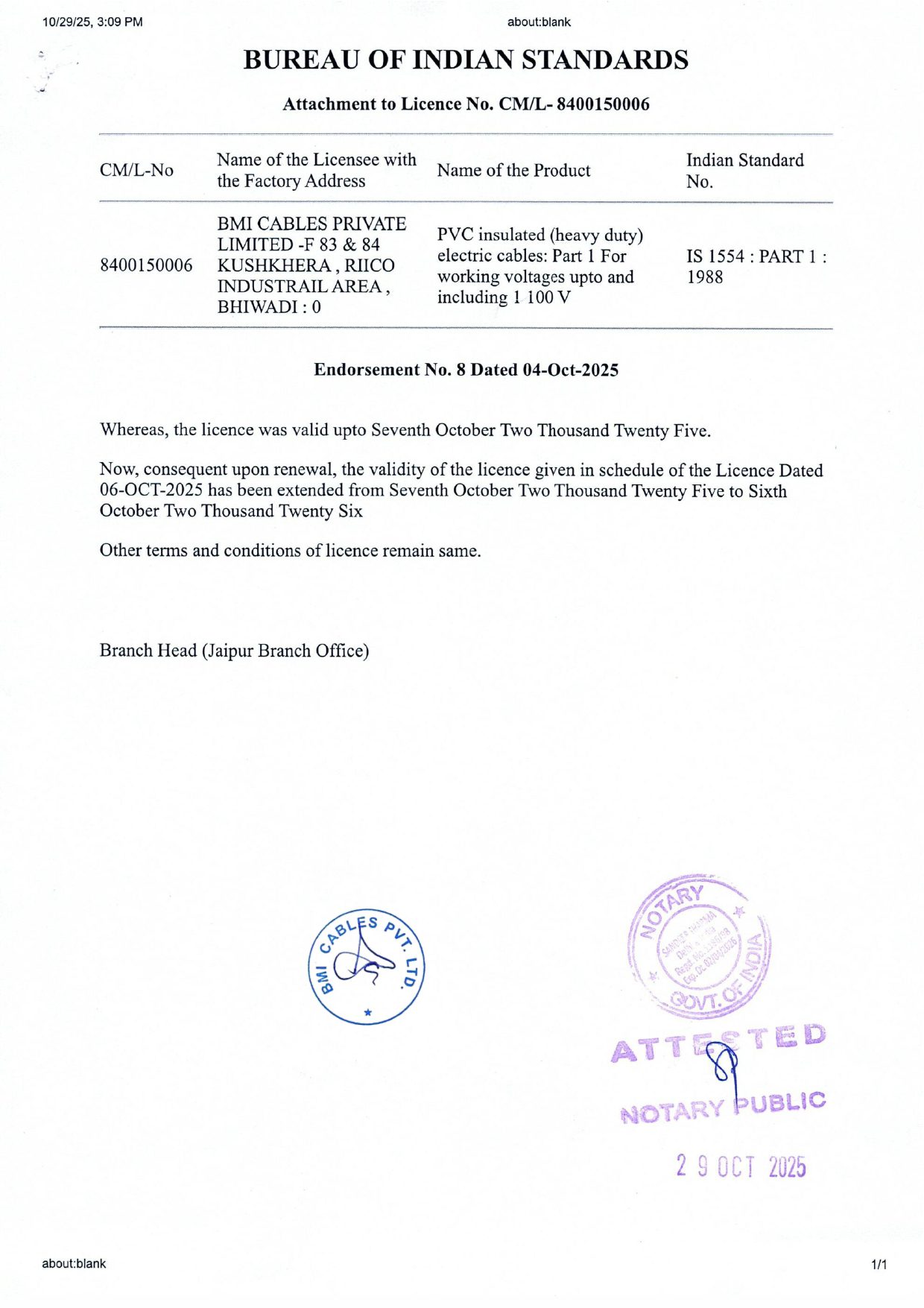 IS 1554: Part 1: 1988 For PVC insulated (heavy duty) electric cables
