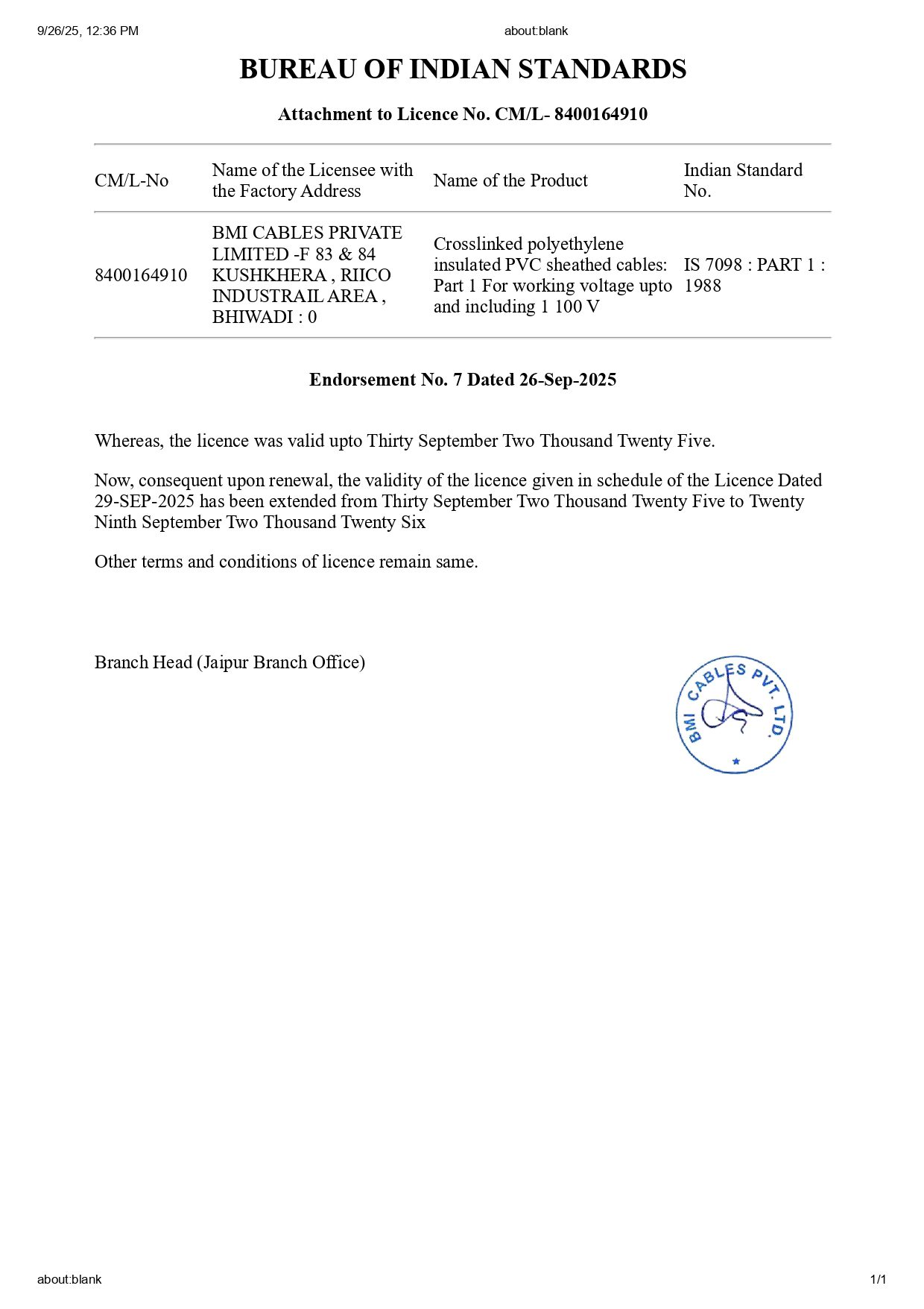 IS 7098 : PART 1 : 1988 certificate For Crosslinked polyethylene insulated PVC sheathed cables: