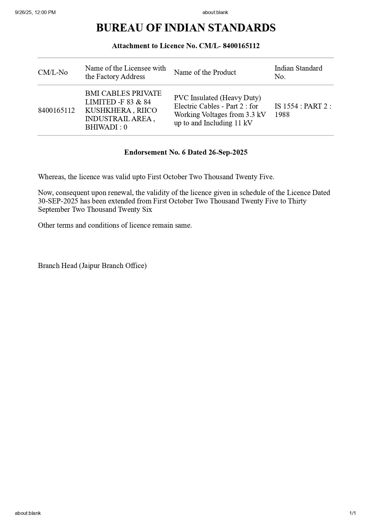 IS 1554 : PART 2 : 1988 certificate For PVC Insulated (Heavy Duty) Electric Cables